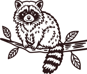Obraz premium Illustrated raccoon sitting on branch with leaves in nature scene