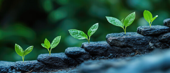 Progressive Growth of Seedlings Over Black Stones in Natural Green Background