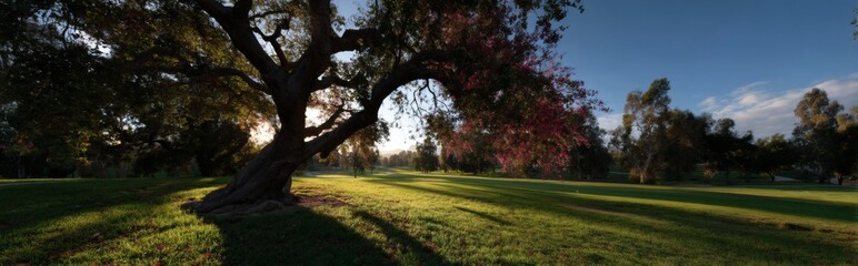 Golden Sunlight's Embrace: An old tree stands majestic, its branches reaching towards the sun, painting the meadow with long, golden shadows. A scene of serenity and the cycle of life.