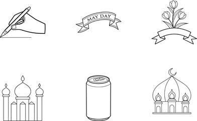 Line art of hand writing, ribbon banner, tulips, can, and two mosque domes