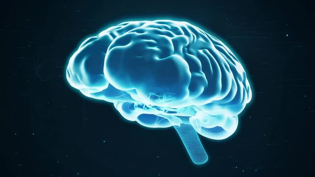 Glowing blue digital brain hologram with neural structure on dark tech background in futuristic concept