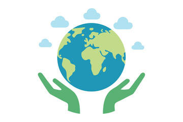 Vector Art of Hands Holding Earth with Floating People Icons – Symbol of Care & Growing Global Population.