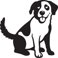 Playful dog sitting black and white silhouette, Cheerful pet dog black silhouette pose