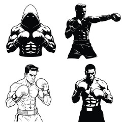 Various illustrations of muscular boxers