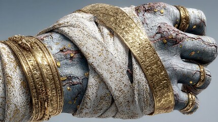 A mummy"s hand wrapped in linen and adorned with ornate gold jewelry and bracelets.