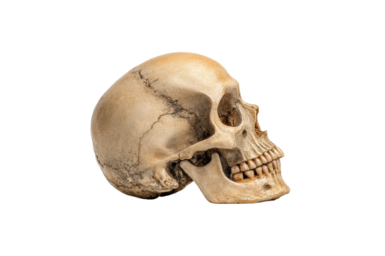PNG Side view of a human skull on black background with detailed structure
