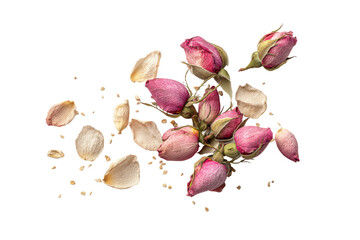 PNG Dried pink rosebuds and petals on black background highlighting natural beauty