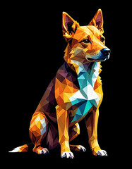 Colorful mosaic illustration of a sitting dog on a black background, modern design digital painting