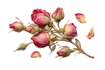 PNG Dried pink rosebuds and petals on black background