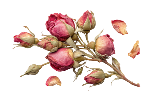 PNG Dried pink rosebuds and petals on black background