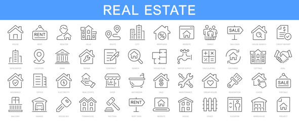 Real Estate thin line icons set. Mortgage, house, realtor, home, loan icon. Editable stroke. Vector illustration