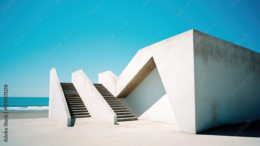 Poster modernist concrete structure with geometric shadows overlooking a calm ocean under clear blue sky