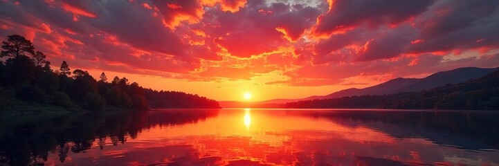 Obraz premium A vibrant sunset paints the sky in hues of fiery red and shimmering gold, reflecting on calm water The scene is tranquil and idyllic, perfect for representing warmth, luxury, or autumn , heat, ocean