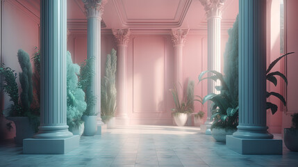 Elegant neoclassical interior with pink and blue columns and tropical plants in vaporwave aesthetic
