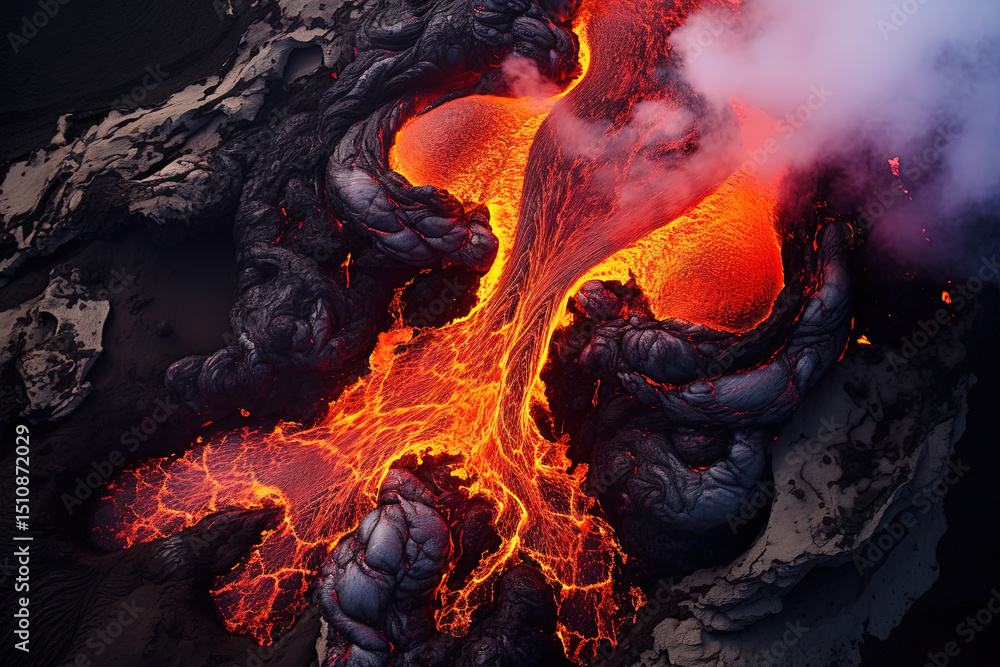 Wall mural volcano eruption from a bird view. volcano crater and magma flow shot from above. genertated ai.
