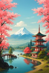 Fototapeta premium 富士山と桜並木と五重の塔の美しい日本の風景