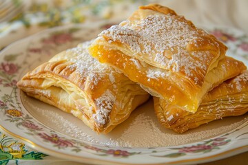 Three puff pastry squares, filled with orange jam and dusted with powdered sugar, are stacked on a floral patterned plate.