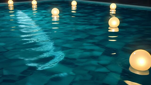 Illuminated spheres float on teal pool water at night