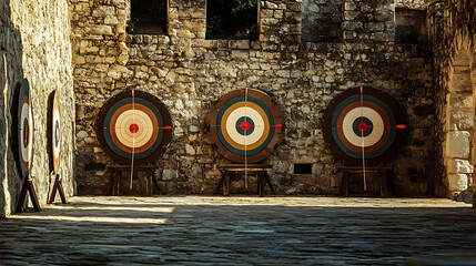 Archery Targets Set Against a Stone Wall in an Ancient Courtyard