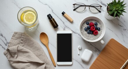 Minimalist morning routine flatlay with wellness essentials on marble background"
