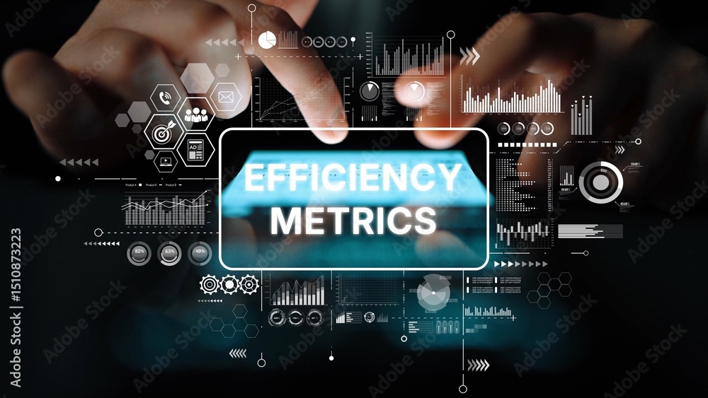 Poster Hands on Digital Screen with Efficiency Metrics and Data Visualization Graphics in Modern Business Environment. Asymptotic smart data analytic.