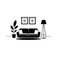 Cozy Living Room Silhouette: A minimalist silhouette of a contemporary living room, featuring a sofa, decorative plant, framed windows, and a stylish floor lamp.