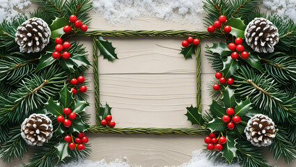 Christmas wreath decoration on wooden background with pine branches and holiday ornaments