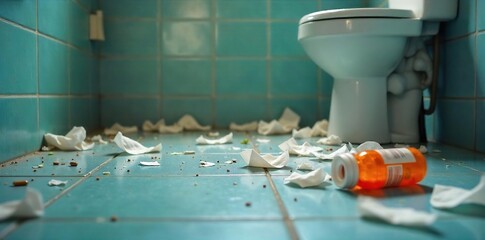 Close-up of a bathroom floor littered with used tissues, a discarded medicine bottle, and a trash can overflowing with waste, indicating a recent illness , waste, medicine
