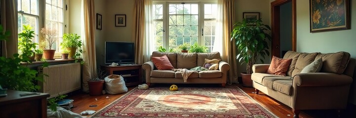 A messy, unkempt living room with scattered clothes, overflowing trash cans, and neglected houseplants; clear signs of a neglected home , disarray, garbage