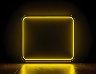 neon yellow square frame  with free space between and with rounded edges dimly glowing with light on dark background, copy space, empty yellow neon frame on black background