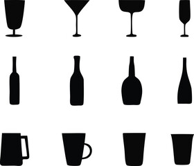  Wine Silhouette and Cocktail Glasses Bottles Icon Set design. glass bottle vector design