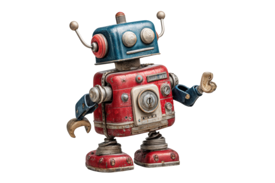 PNG Vintage retro toy robot with antennae and red-blue design on black background