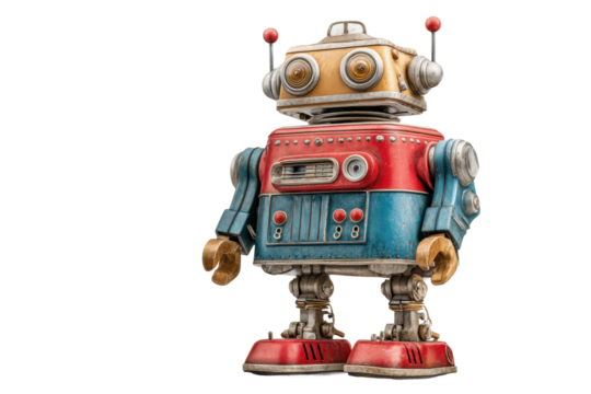 PNG Retro colorful vintage toy robot with antennas and wheels