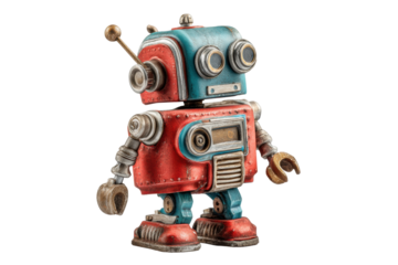 PNG Vintage toy robot with retro design and bright colors on black background