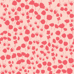 Bicolor contour silhouette seamless pattern with poppy flowers and leaves. Abstract floral spring, summer pastel pattern