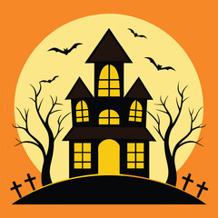Spooky cartoon illustration of a haunted house with bats full moon and tombstones