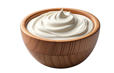 wooden bowl filled with smooth and fluffy cream on white background