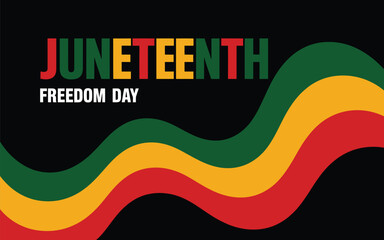 Juneteenth Freedom Day banner with red, yellow and green African heritage waves on black background.
