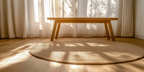 Sunlit Living Room Floor Rug and Wooden Bench with Sheer Curtain Shadows for Interior Design and Home Decor Photography