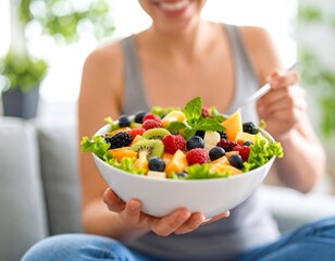 Woman eating fruit salad (1)