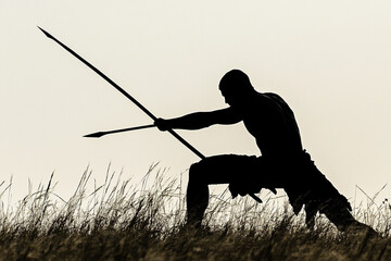 Man lunging forward with a spear silhouette