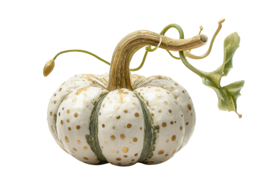PNG White pumpkin with gold dots and vine on black background