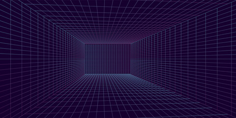 3D wireframe room colorful on dark background. Abstract perspective grid. Vector illustration.