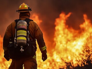 Firefighter stands against raging flames during wildfire response while smoke fills the air and the sun sets in the background