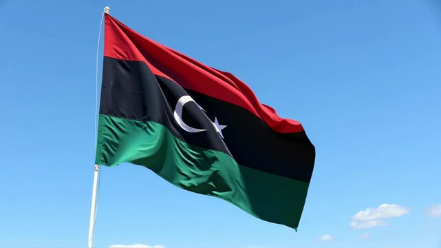 Libyan Flag Waving in Bright Blue Sky