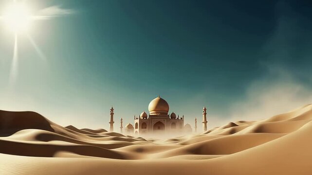 Golden-domed palace rising through vast sunlit desert dunes under a deep blue sky, surrounded by towers and swept by fine sand under the scorching midday sun. 4k video
