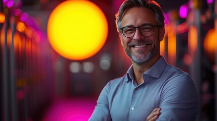 Fototapeta premium Brightly lit studio showcases cheerful man confidently smiling among vibrant colors in a creative workspace during evening hours