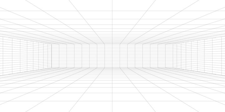 Room projection grid in futuristic 3d style. Outline futuristic grid background, room projection. Wireframe grid template in perspective view. Vector