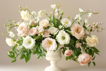 A lush floral arrangement in whites, creams, and light pinks in an off-white decorative vase, set against a neutral backdrop.