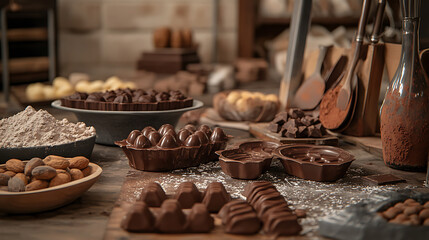 Assorted chocolates and ingredients displayed on a rustic kitchen counter